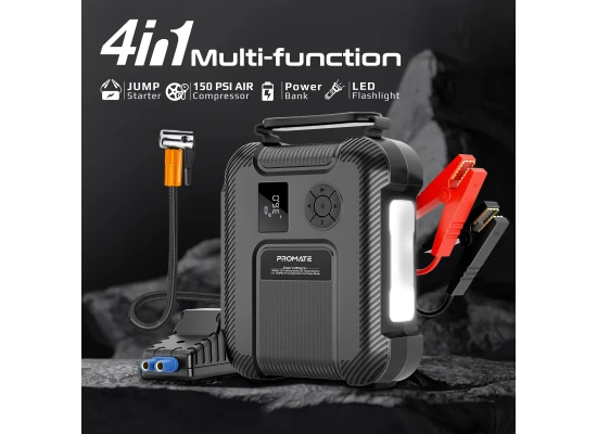 Promate PatrolPack  Jump Starter, Power Bank with 16000mAh Capacity, 150PSI Air Pump